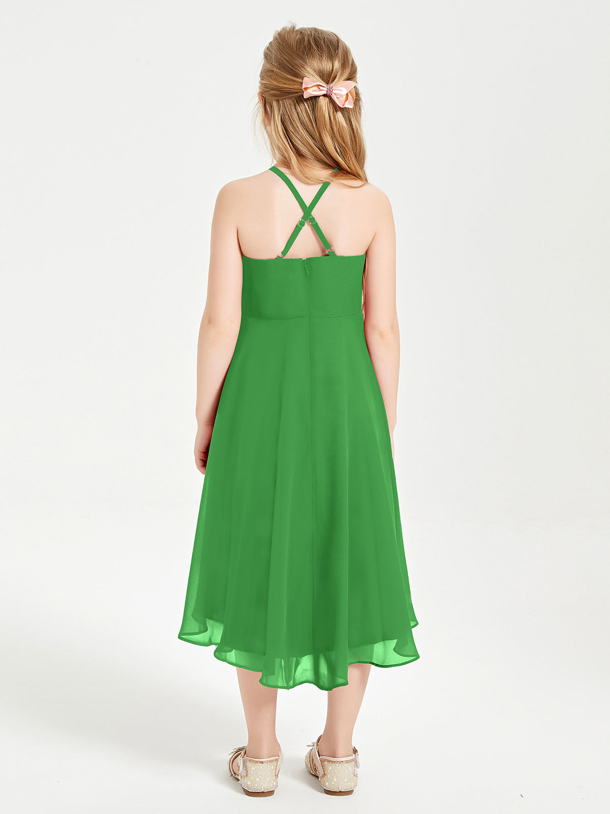Tea Length Junior Bridesmaid Dresses with Asymmetrical Skirts Green